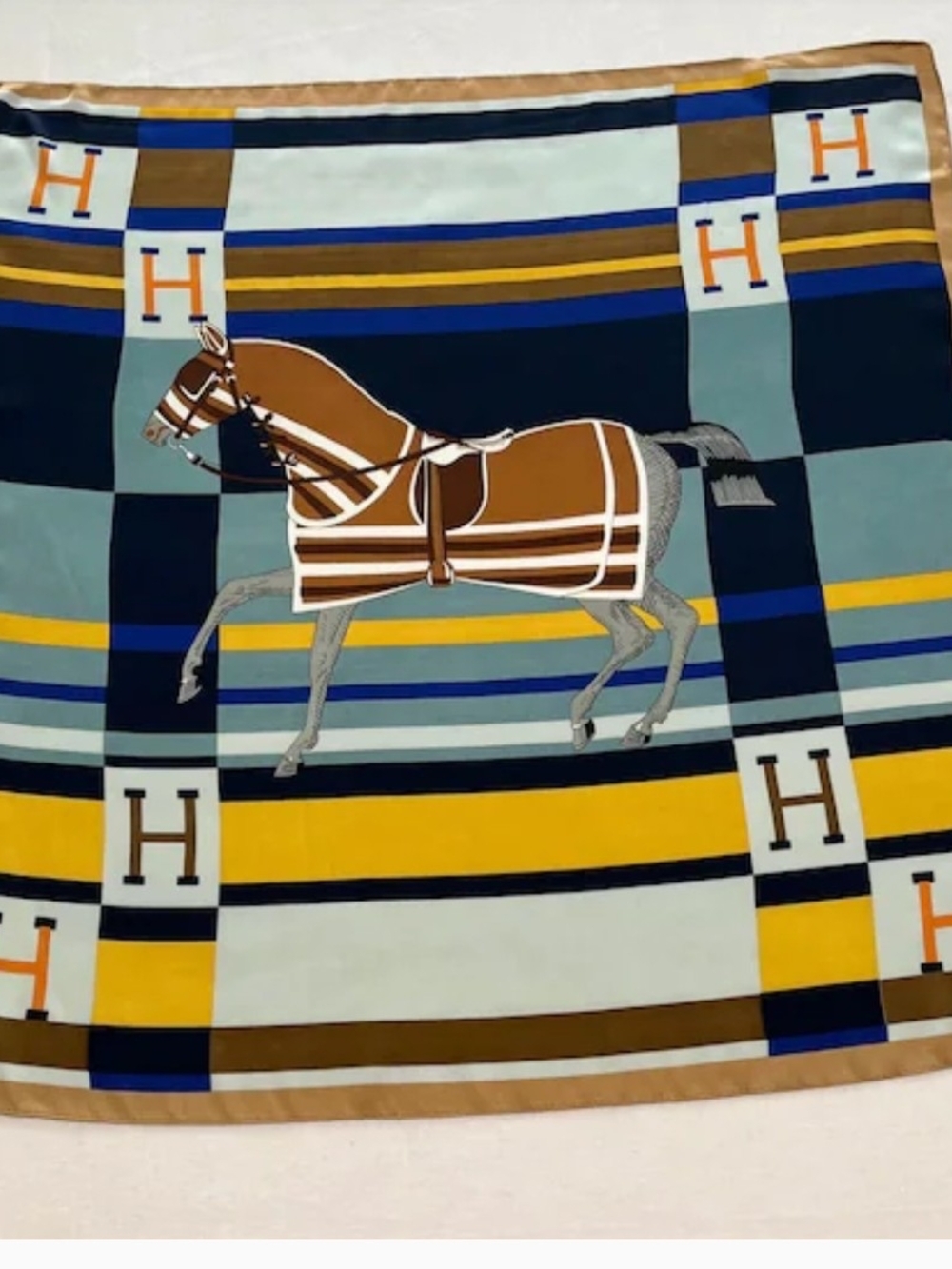 Hermès Equestrian Striped Silk Scarf in Blue, Black, Brown and Gold Tones